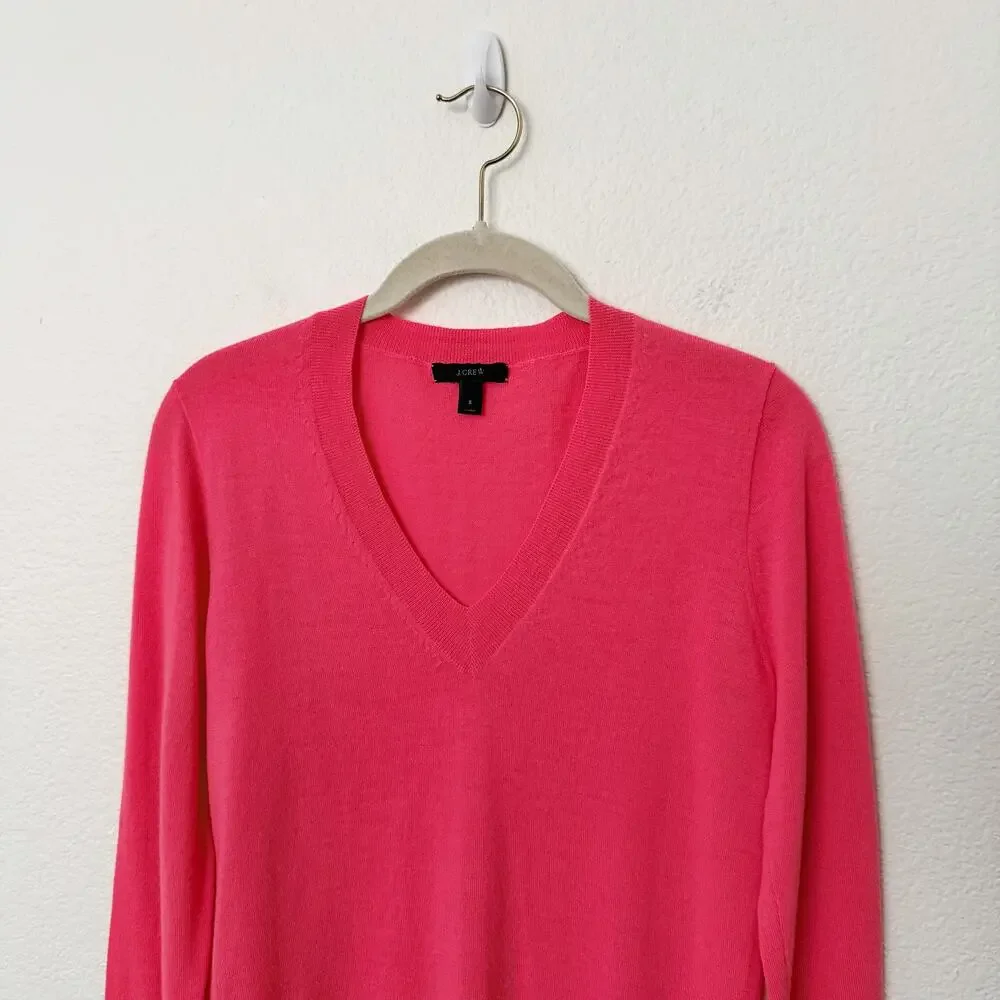 [J. Crew] Bright Pink 100% Merino Wool V-Neck Sweater Lightweight Size Small S